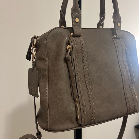 Sasha + Sofi Taupe Brown Gray Faux Leather Crossbody Purse Double Handle… - Picture 2 of 8